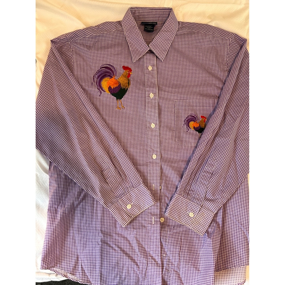 Las Olas Mens Large Purple Gingham Rooster Embroidered Button Down Shirt Novelty